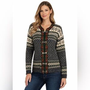 Vintage Nesjar Norway 100% Wool Nordic Cardigan Pewter Clasps Fair Isle L